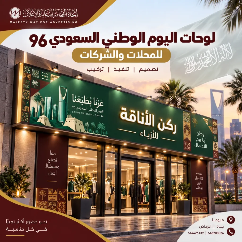 لوحات اليوم الوطني السعودي 96 للمحلات والشركات بجدة